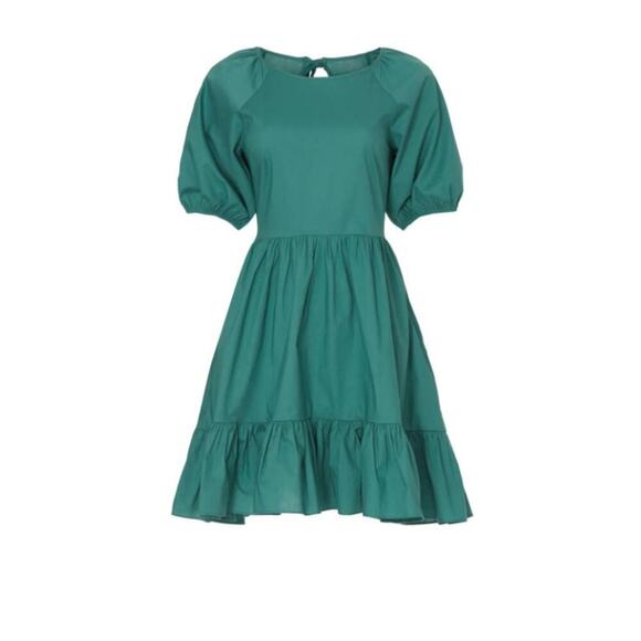 Peter Som Collective Puff Sleeve Dress Open Tie Back Cotton Mini Green Size 8 - Picture 5 of 13